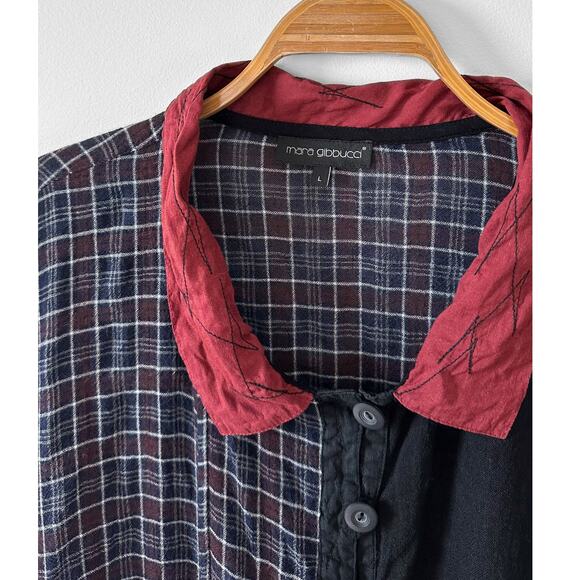 Mara Gibbucci Black Red Plaid Contrast Linen Button Down Tunic Jacket large - Picture 4 of 7